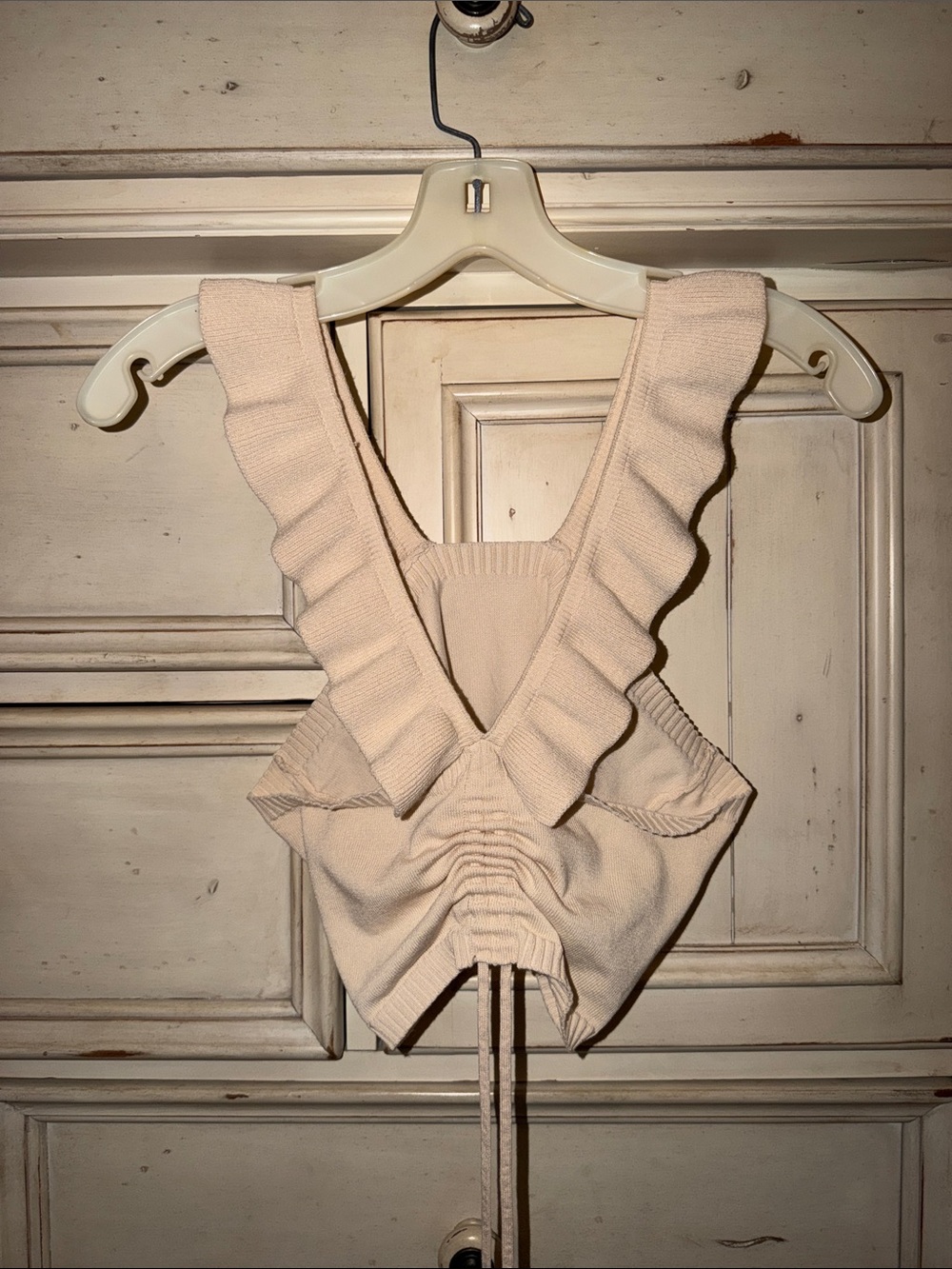 SHEIN Cream Ruffle-Detail Knit Crop Top with adjustable front strings